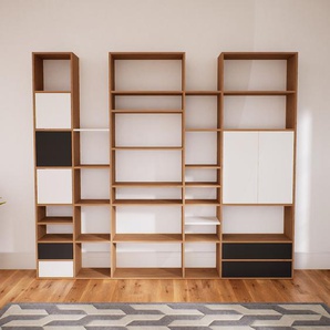 Wohnwand Weiß - Individuelle Designer-Regalwand: Schubladen in Graphitgrau & Türen in Weiß - Hochwertige Materialien - 267 x 232 x 34 cm, Konfigurator