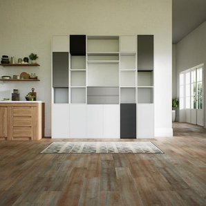 Schrankwand Weiß - Moderne Wohnwand: Schubladen in Grau & Türen in Weiß - Hochwertige Materialien - 231 x 232 x 34 cm, Konfigurator