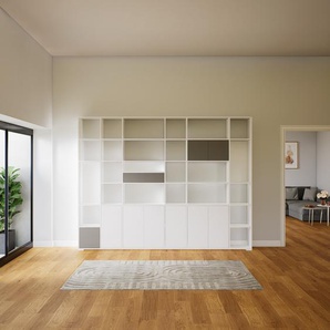 Wohnwand Weiß - Individuelle Designer-Regalwand: Schubladen in Grau & Türen in Weiß - Hochwertige Materialien - 305 x 234 x 34 cm, Konfigurator