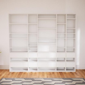 Wohnwand Weiß - Individuelle Designer-Regalwand: Schubladen in Weiß - Hochwertige Materialien - 267 x 232 x 34 cm, Konfigurator