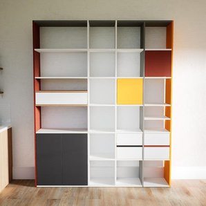 Wohnwand Weiß - Individuelle Designer-Regalwand: Schubladen in Weiß & Türen in Graphitgrau - Hochwertige Materialien - 192 x 232 x 34 cm, Konfigurator