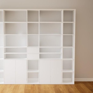 Wohnwand Weiß - Individuelle Designer-Regalwand: Schubladen in Weiß & Türen in Weiß - Hochwertige Materialien - 267 x 232 x 34 cm, Konfigurator
