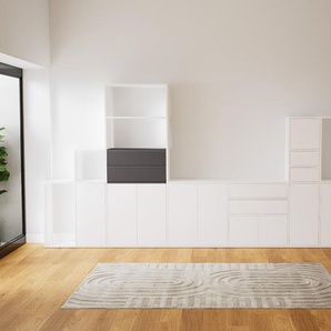 Wohnwand Weiß - Individuelle Designer-Regalwand: Schubladen in Weiß & Türen in Weiß - Hochwertige Materialien - 418 x 194 x 34 cm, Konfigurator