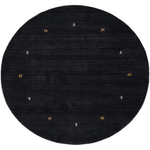 Wollteppich CARPETFINE Gabbeh Uni Teppiche Gr. Ø 200cm, 15mm, schwarz reine Wolle handgewebt, Gabbeh Tiermotiv warmes Raumklima viele Größen