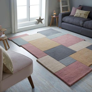 Wollteppich FLAIR RUGS Abstract Collage Teppiche Gr. B: 150cm, 11mm, L: 240cm, rosa (rosé) 100% Wolle, Karo Design, Patchwork, modern, mehrfarbig