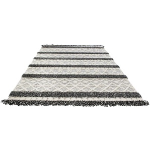 Wollteppich LUXOR LIVING Fano Teppiche Gr. B/L: 160 cm x 230 cm, 22 mm, 1 St., schwarz (creme, schwarz) Fransenteppich Esszimmerteppiche reine Wolle, handgewebt, mit Fransen, Wohnzimmer