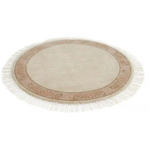 Wollteppich LUXOR LIVING Giza Teppiche Gr. Ø 150 cm 1 St., 12 mm, beige (creme) Fransenteppich reine Wolle, handgeknüpft, mit Bordüre und Fransen, Orient-Teppich