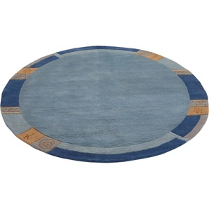 Wollteppich LUXOR LIVING India Teppiche Gr. Ø 200cm, 20mm, blau reine Wolle, handgeknüpft, mit Bordüre