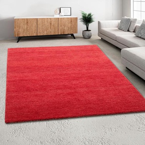 Wollteppich THEKO Gabbeh Uni, Handweb Teppich, meliert, reine Wolle, handgewebt Teppiche Gr. B: 300cm, 14mm, L: 400cm, rot Schlafzimmer, Wohnzimmer, Esszimmer, auch als Läufer oder rund