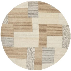 Wollteppich THEKO Lola, Wolle, handgearbeitet, Patchwork Design Teppiche Gr. Ø 190cm, 12mm, beige (natur) handgetuftet, Wohnzimmer, Schlafzimmer, Esszimmer