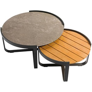 Zebra Süd Loungetisch Fly, Graphit, Grau, Teak, Holz, Metall, Glas, Teakholz, massiv, Hartholz, rund, X-Form, 60-80x35.5-40.5x60-80 cm, Loungemöbel, Loungetische